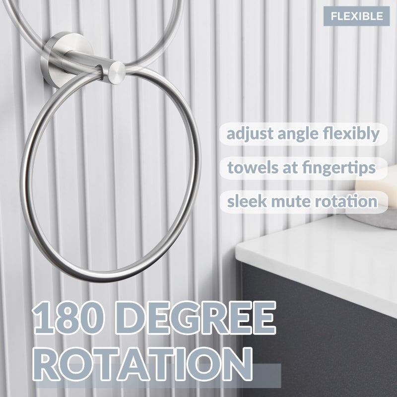 APLusee Bathroom Towel Ring Brushed Nickel, 304 Stainless Steel Hand Towel Holder for Bathroom Kitchen, Single Round Swivel Hanger, Wall Mounted - Image 4